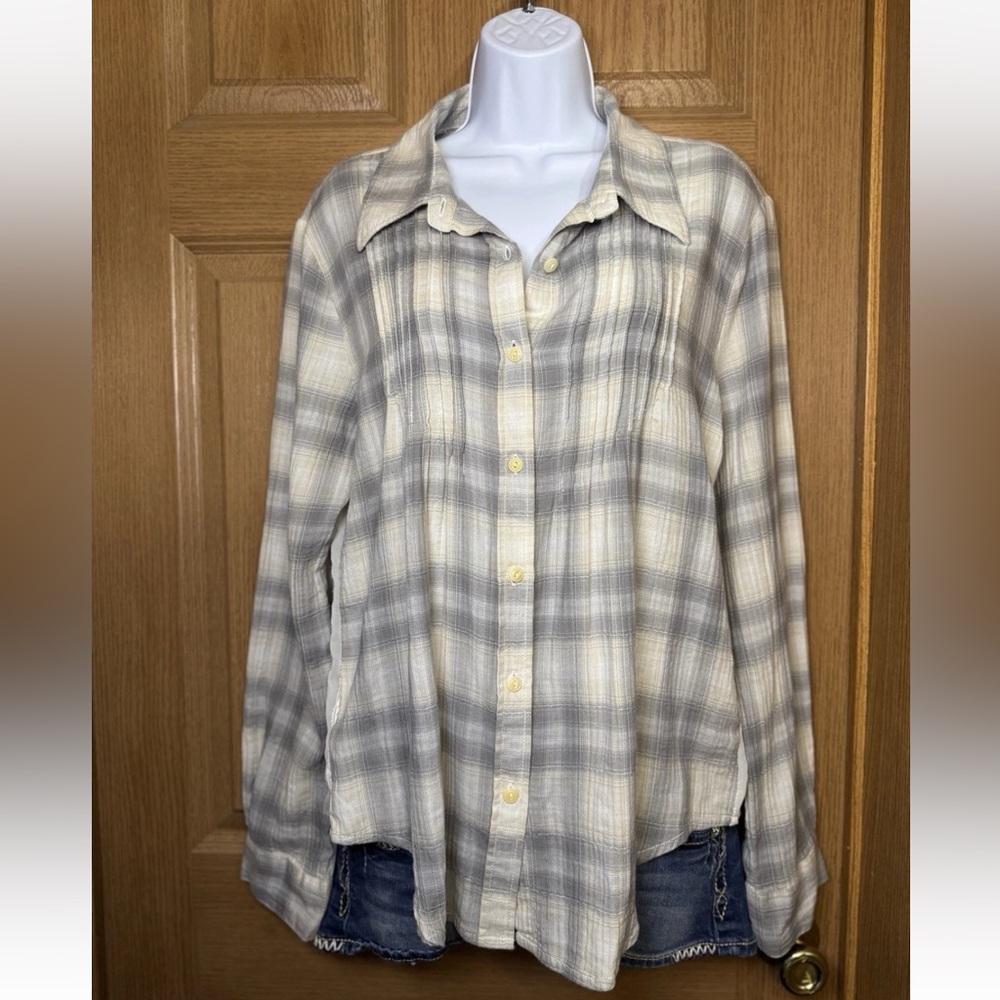 Dylan Sz L Cream Anthropologie Plaid Button Up Top Lace Back Sheer Western Boho